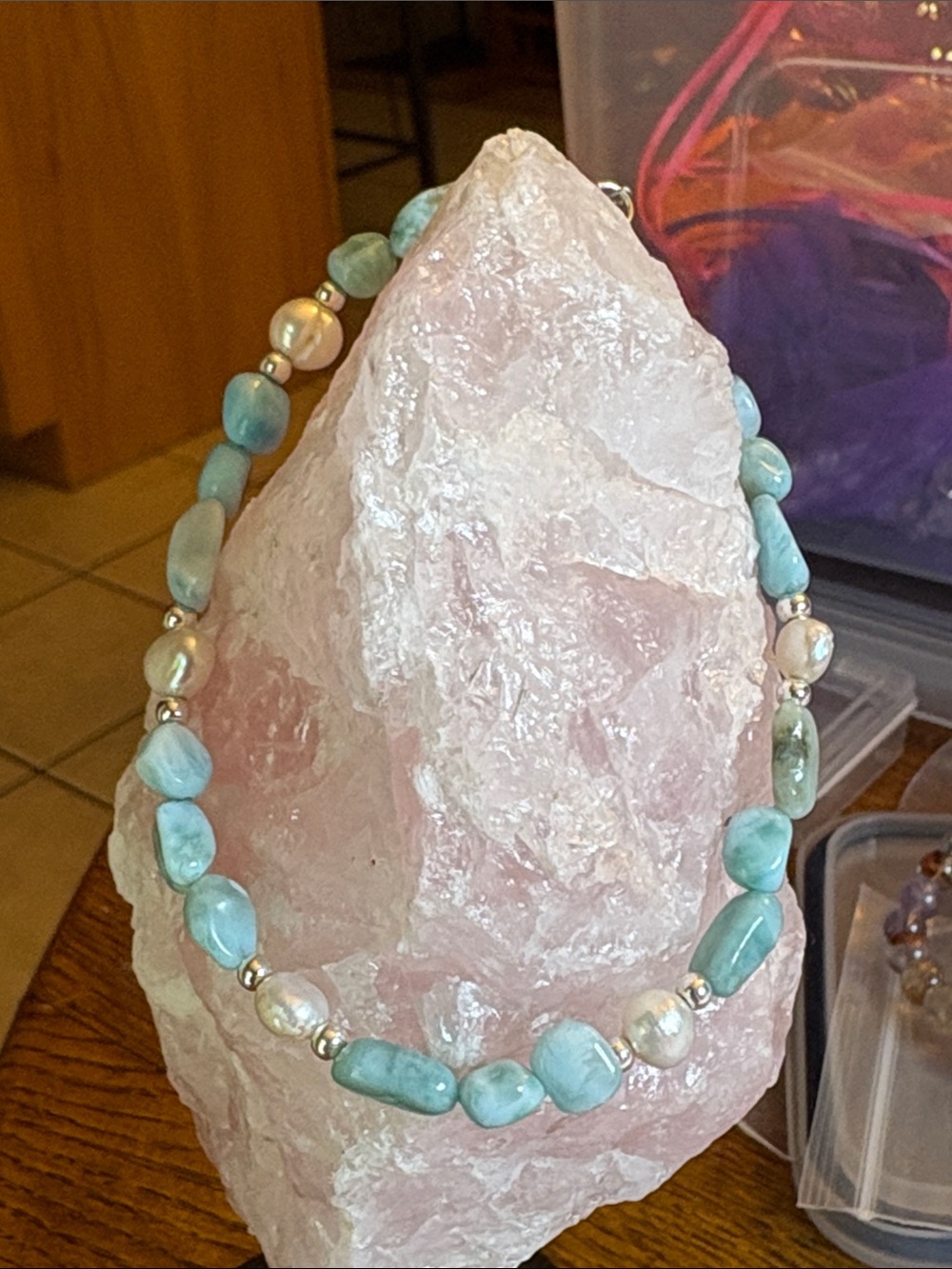 Larimar, FW pearl, & sterling silver bracelet